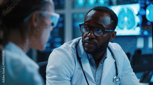 A scientist in a lab coat is explaining something to a woman, likely a student or colleague