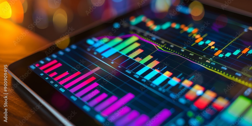 Obraz premium Close-up of a tablet displaying a stock market chart with historical data and market trends, illustrating financial analytics and investment strategies