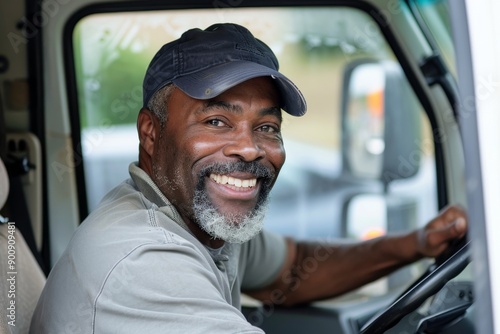 A smiling black man truck driver sitting in the cab of his semi-truck, wearing gray shirt and baseball cap. He is looking at camera with open smile as he opens door to get out.