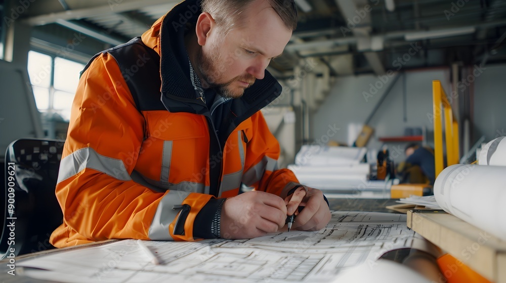 Engineer Reviewing and Marking Up Technical Blueprints at Desk or On Site Engineer Reviewing and Marking Up Technical Blueprints at Desk or On Site
