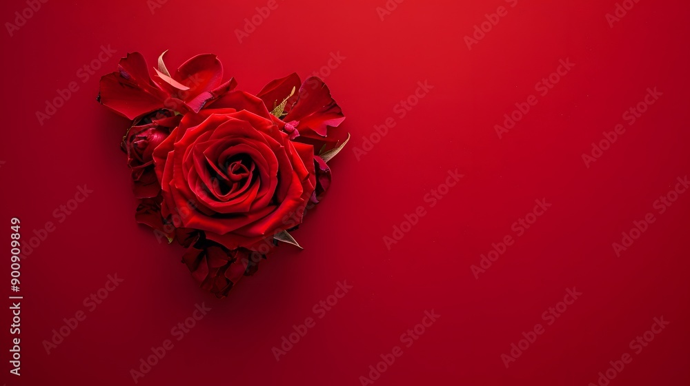 Red rose in the shape of a heart on panoramic red background, valentines day web banner. Red rose in the shape of a heart on panoramic red background, valentines day web banner.