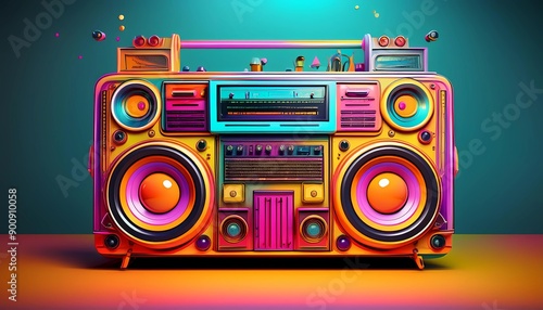 3D Boombox retro illustration with neon colors