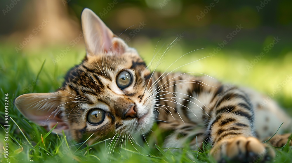 Curious Bengal Kitten Lying in the Grass Curious Bengal Kitten Lying in the Grass