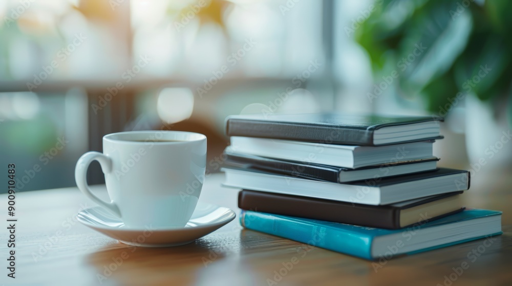 Stack of Books with Coffee Cup on Table Stack of Books with Coffee Cup on Table