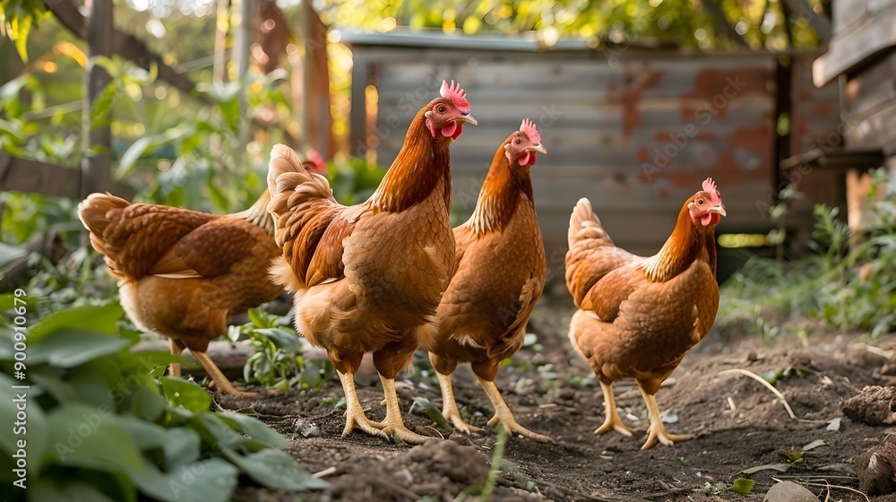 Fototapeta premium Free Range Chickens Roaming in Poultry Farm Setting