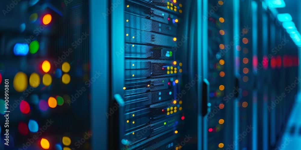 Close-up of a data storage server with blinking lights, illustrating data management and digital storage infrastructure