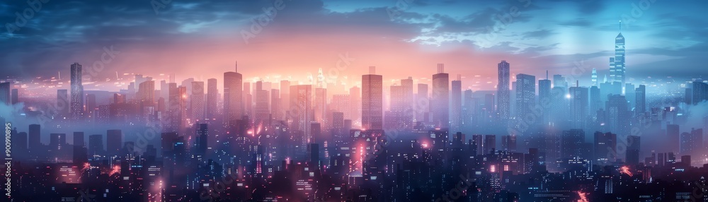 Fototapeta premium Futuristic Cityscape at Dawn with Skyscrapers
