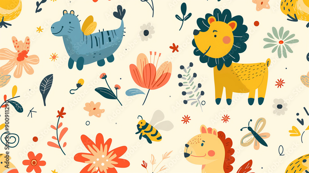 Seamless pattern with cute cartoon animals and flowers in pastel colors Seamless pattern with cute cartoon animals and flowers in pastel colors