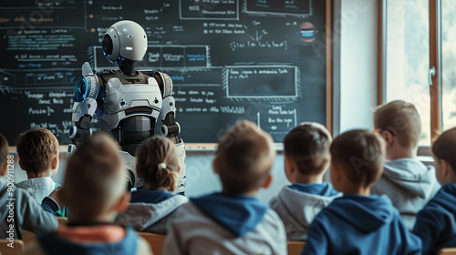 A robot teacher is standing in front of the blackboard giving lessons to the students