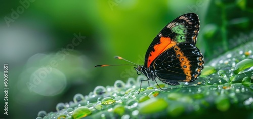 Butterflies perch on dewy leaves in the morning photo