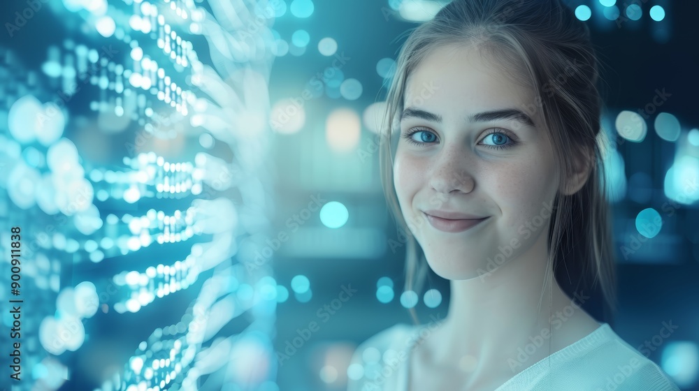 Smiling Young Woman with Digital Interface Smiling Young Woman with Digital Interface