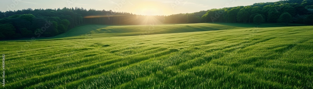 Obraz premium Sunset Over Rolling Green Fields and Forest