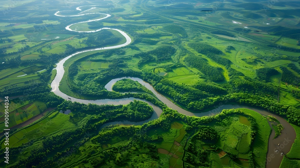 Mesmerizing Aerial View of Winding River with Lush Green Surroundings Mesmerizing Aerial View of Winding River with Lush Green Surroundings