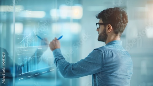 Businessman Analyzing Financial Data on Interactive Screen