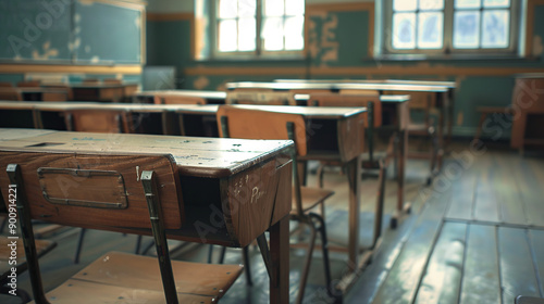 Empty wooden desks and chairs in an old school classroom