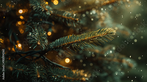 Wallpaper Mural Delicate Snowflakes Falling on Evergreen Branches Illuminated by Soft Warm Lights During Winter Evening Torontodigital.ca