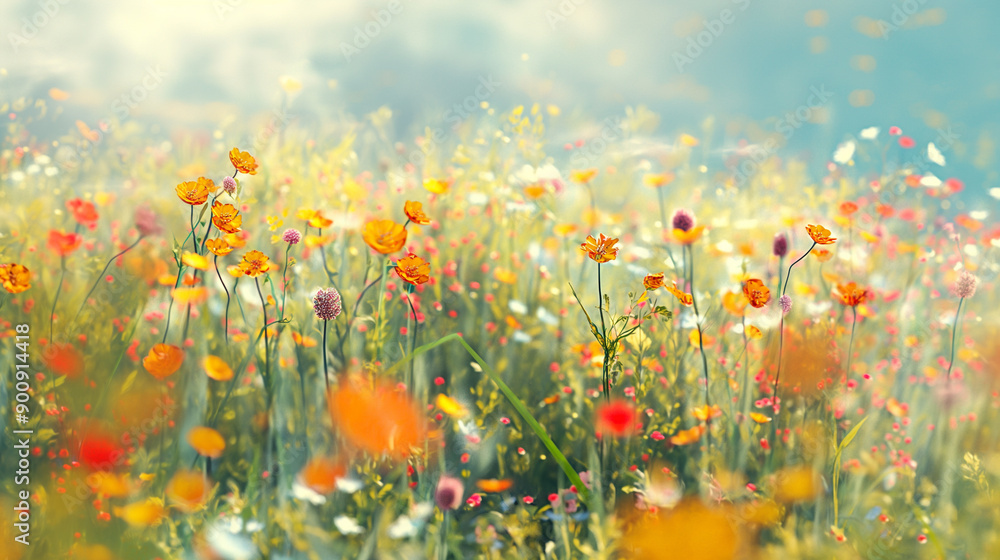 Obraz premium Vibrant Wildflower Field Blooms Under Soft Morning Light in Springtime Meadow