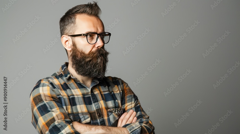 A man with a beard crosses his arms wearing a checkered shirt and glasses, close up view of half his body. A man with a beard crosses his arms wearing a checkered shirt and glasses, close up view of half his body.