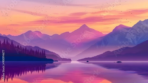 Mountain Silhouette Reflected in Still Lake at Sunset