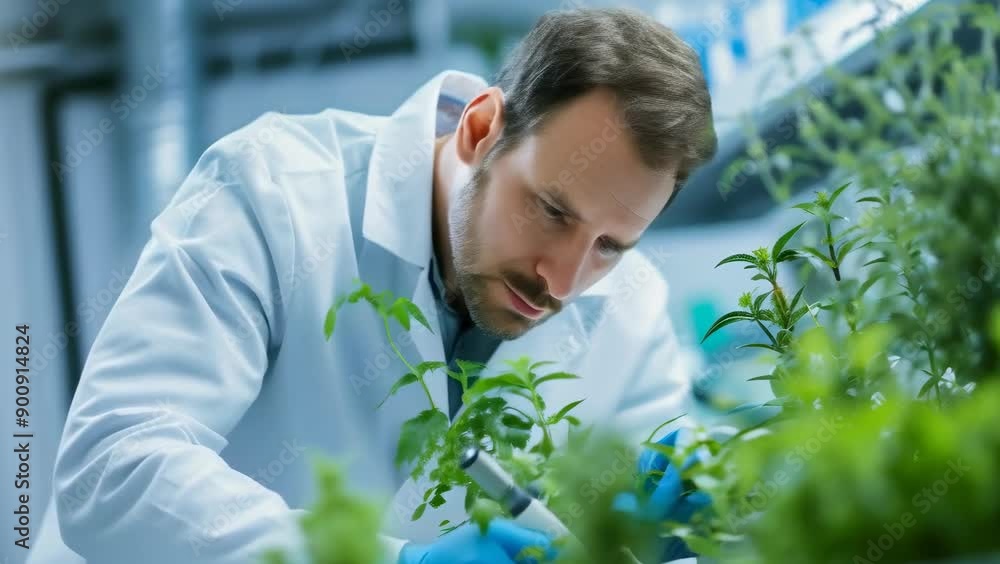 A caucasian man in his 30s, dressed in a white lab coat, carefully inspects young plants in a modern laboratory. The setting is organized, well-lit, and professional, suggesting thorough scientific A caucasian man in his 30s, dressed in a white lab coat, carefully inspects young plants in a modern laboratory. The setting is organized, well-lit, and professional, suggesting thorough scientific