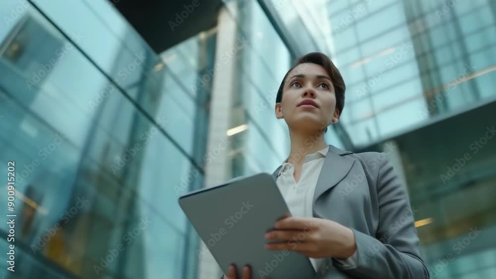 A mid-30s Caucasian woman in formal attire holds a tablet while standing outside a modern glass office building in the daytime. The mood is professional and focused.