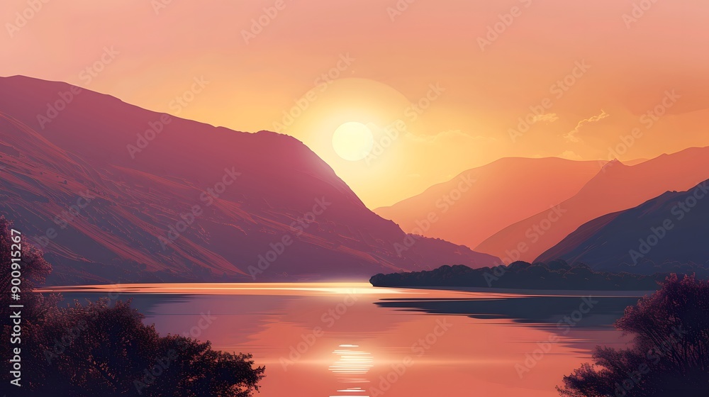 Fototapeta premium Sunset over a Mountain Lake with Silhouetted Trees