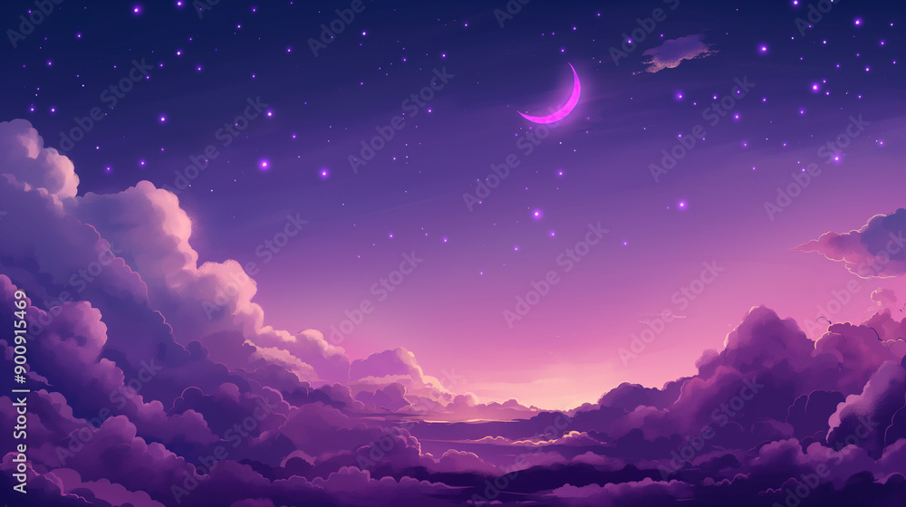 Naklejka premium Serene Twilight Sky Above Lavender Clouds With Crescent Moon and Sparkling Stars