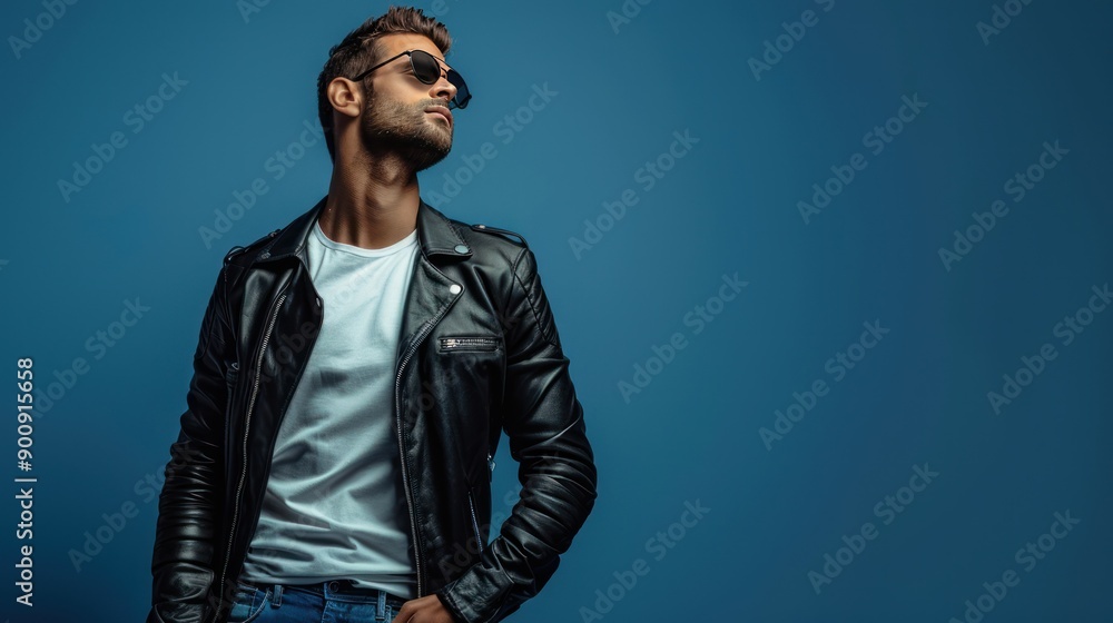 Fototapeta premium a man wearing a black jacket and white t-shirt, and wearing sunglasses