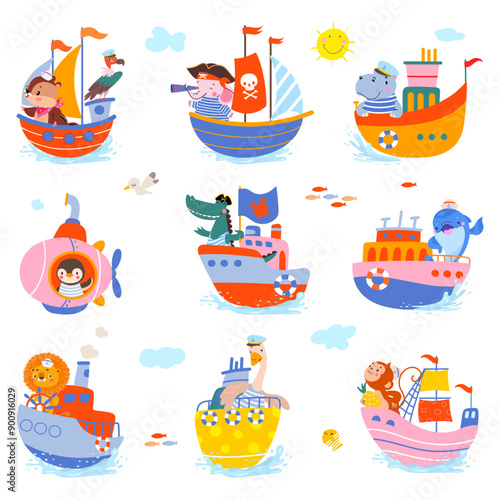 Animal sailors. Funny cartoon animal on boat ship yacht submarine. Ocean adventures, lion penguin goose elephant and monkey, nowaday vector set