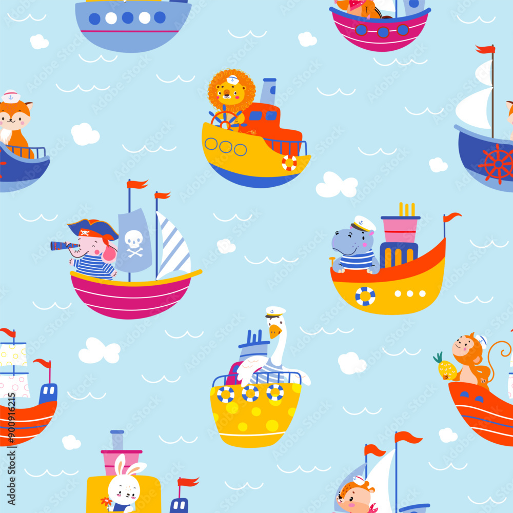 Animals on ships. Cartoon animal at boats and yacht. Marine travel childish fabric print design. Lion elephant goose rabbit sailors nowaday vector seamless pattern Animals on ships. Cartoon animal at boats and yacht. Marine travel childish fabric print design. Lion elephant goose rabbit sailors nowaday vector seamless pattern