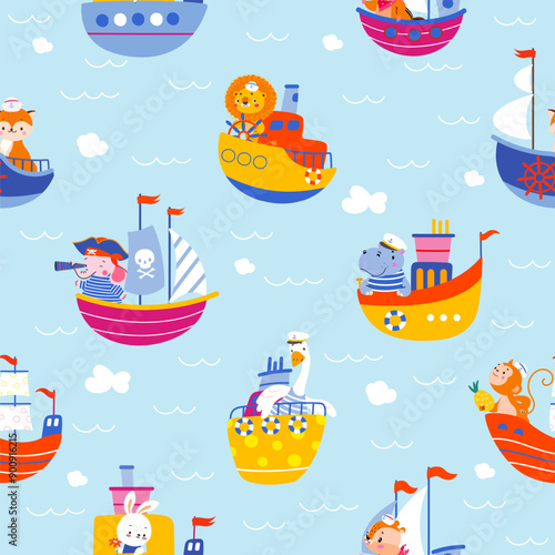 Animals on ships. Cartoon animal at boats and yacht. Marine travel childish fabric print design. Lion elephant goose rabbit sailors nowaday vector seamless pattern