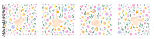Floral goose print. Adorable geese in botanical patterns. Spring summer season printable design with tiny flowers and branches. Nowaday vector background