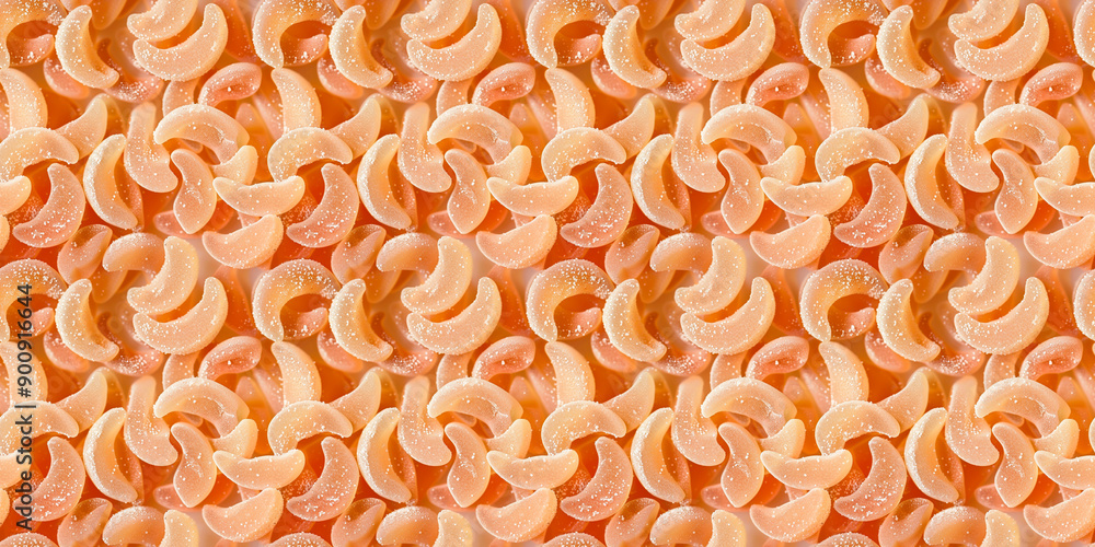 A cute and dreamy background of close-up of crescent shaped pastel orange gummy candy, each piece showcasing its chewy texture and sugar-coated finish A cute and dreamy background of close-up of crescent shaped pastel orange gummy candy, each piece showcasing its chewy texture and sugar-coated finish