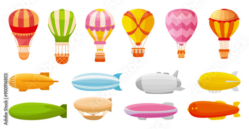 Cartoon airship. Hot air balloons and dirigible. Vintage sky adventures transport, tourist sightseeing and entertainments. Aerostat neoteric vector elements
