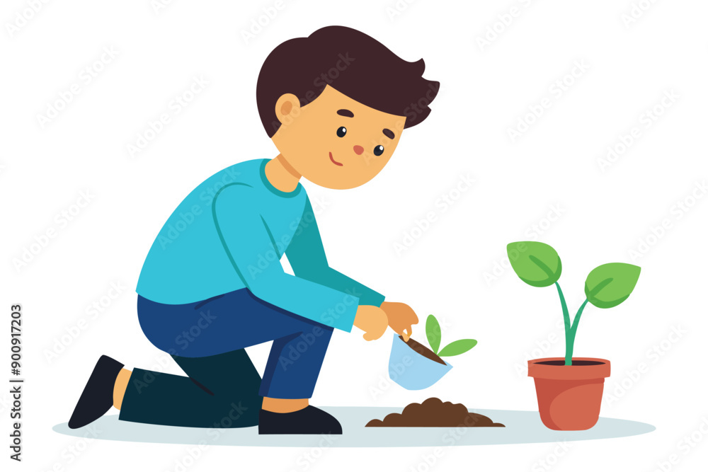 boy planting seeds line with vector illustration on white background boy planting seeds line with vector illustration on white background