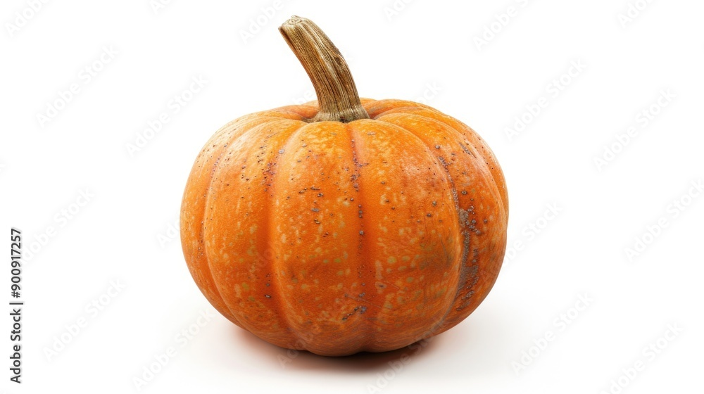 A small orange pumpkin sits on a white surface A small orange pumpkin sits on a white surface