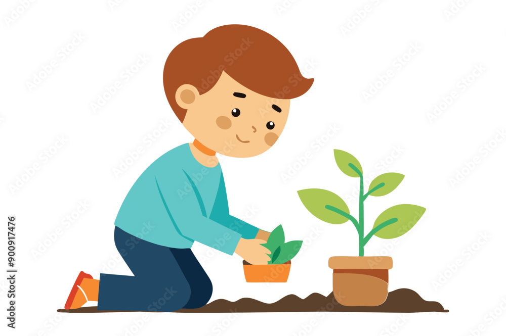 boy planting seeds line with vector illustration on white background boy planting seeds line with vector illustration on white background