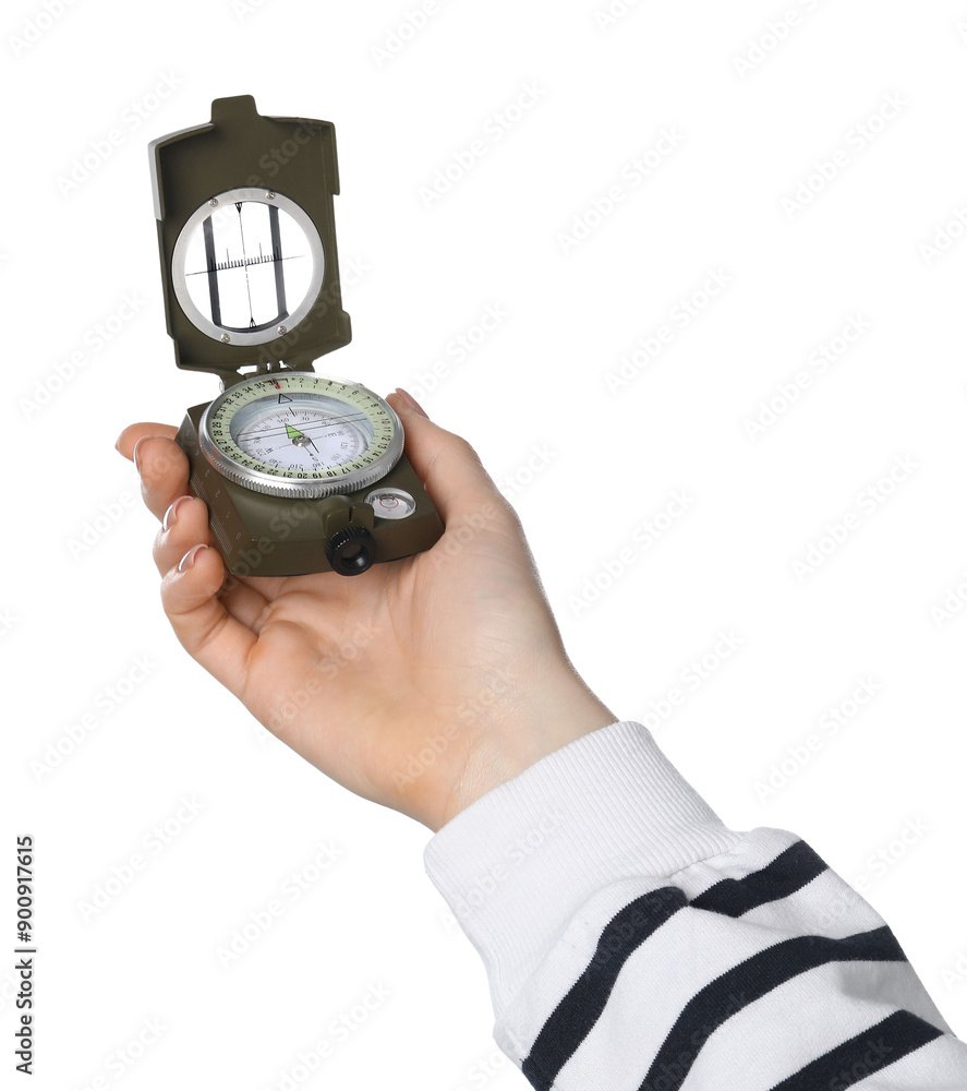 Woman holding compass on white background, closeup Woman holding compass on white background, closeup