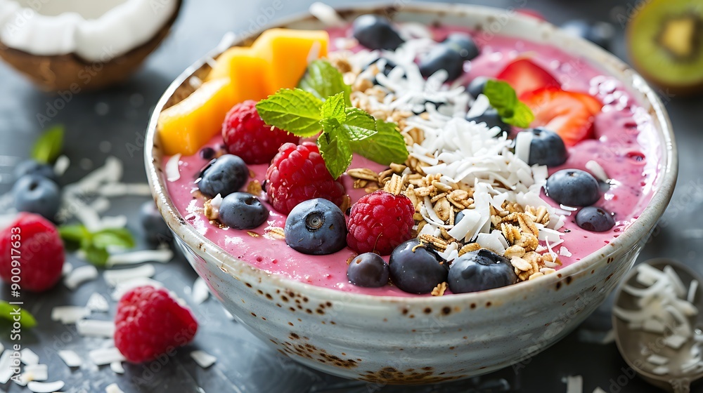 Delicious and Healthy Smoothie Bowl with Berries, Mango and Coconut Delicious and Healthy Smoothie Bowl with Berries, Mango and Coconut