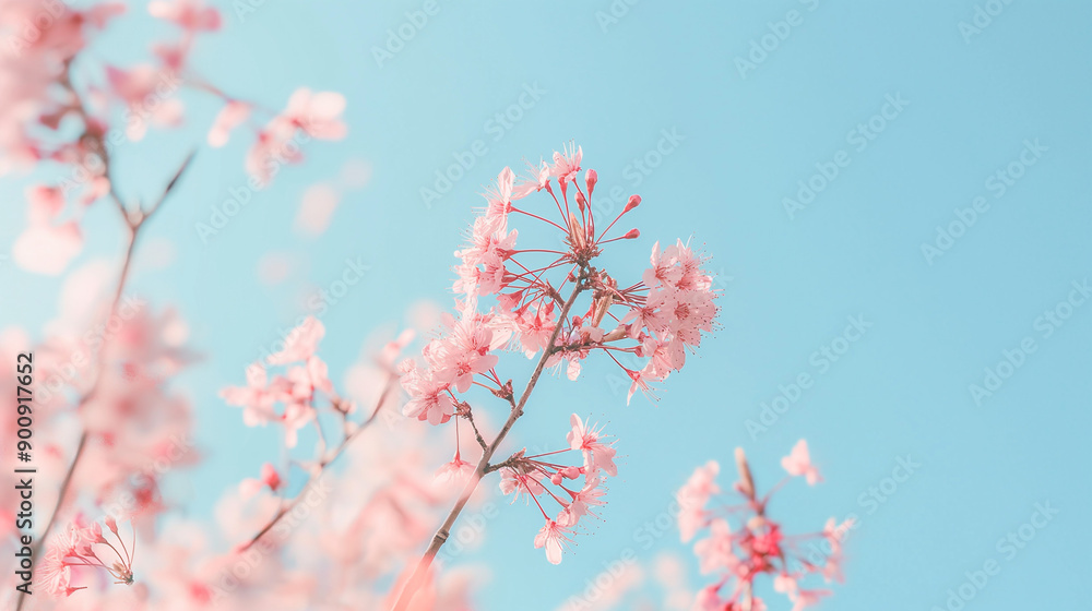 Delicate Pink Cherry Blossom Flowers Against a Clear Blue Spring Sky Delicate Pink Cherry Blossom Flowers Against a Clear Blue Spring Sky
