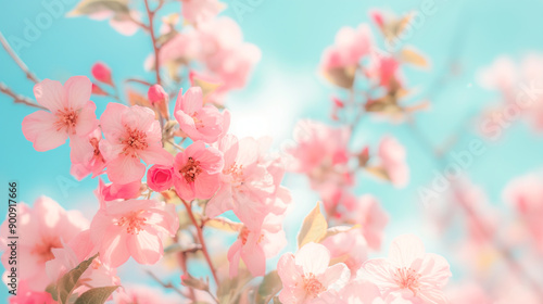 Delicate Pink Cherry Blossom Blooms Under Clear Blue Sky During Springtime Afternoon