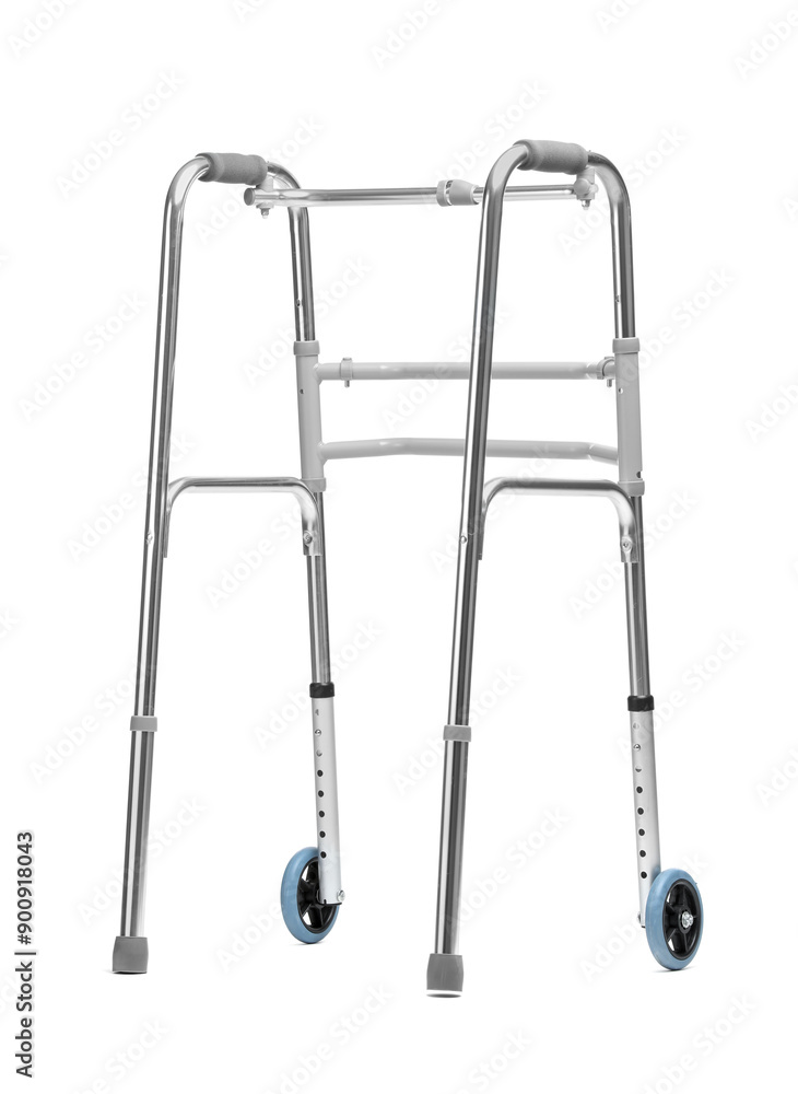 One metal walking frame isolated on white One metal walking frame isolated on white