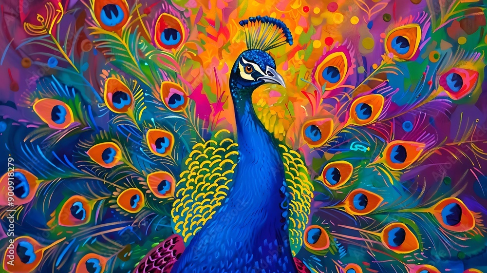 Fototapeta premium Peacock Feathers Painting - Vibrant Colors