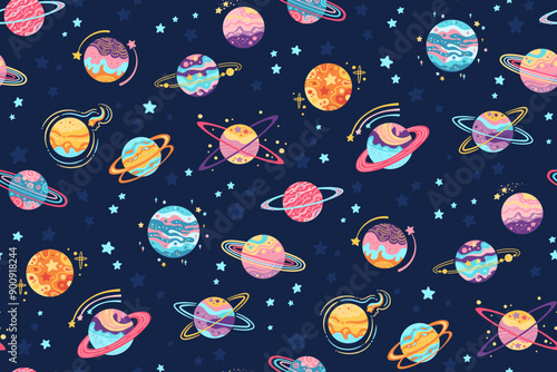 Fantasy planets seamless pattern. Abstract cartoon planets boundless background. Fantastic galaxy endless cosmos design paper print, fabric textile, repeat wrapper space backdrop template astronomical