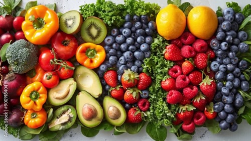 Vibrant Fresh Display of Healthy Food with Colorful Fruits and Vegetables