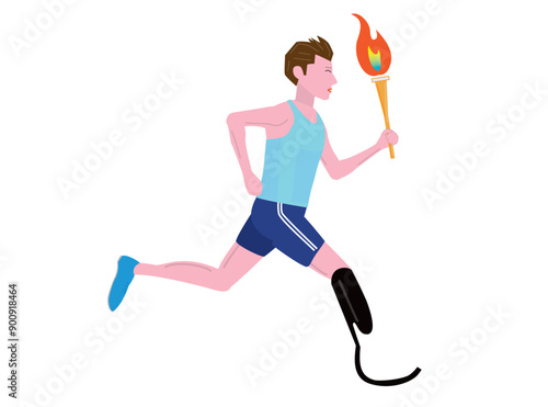 トーチを持って走る義足のランナー。