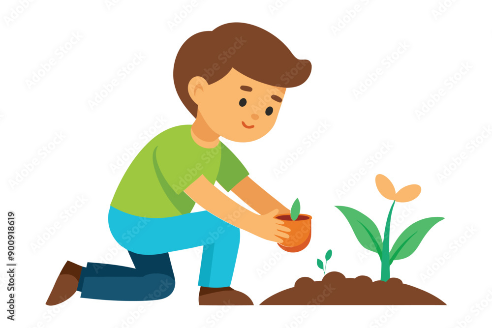 boy planting seeds line with vector illustration on white background boy planting seeds line with vector illustration on white background