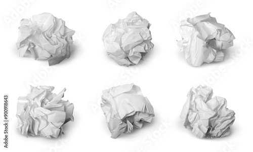 Realistic crumpled paper balls. Wrinkled papers sheets, wrinkled pages or documents. Office trash 3d elements, no ideas concept, pithy vector set