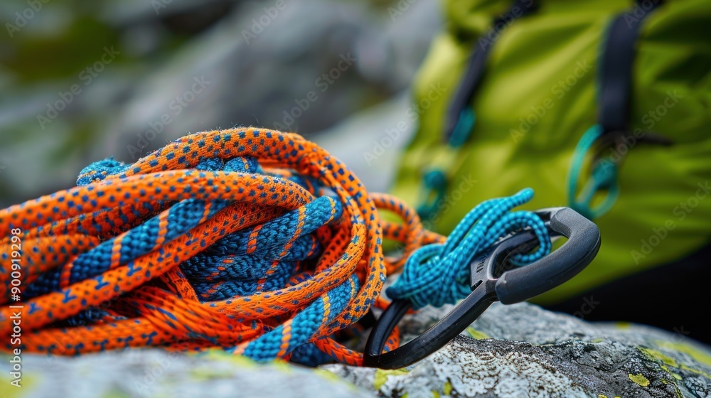 Climbing Rope and Carabiner on Rocks Climbing Rope and Carabiner on Rocks