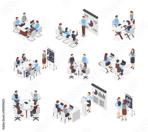 Isometric business meeting. Office managers work processes. Team leader presentation, speakers and corporate trainings. Start up flawless vector scenes